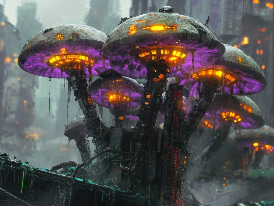 Bio engineered fungi grow on rusted metal scraps, their eerie glow illuminating decay, a fusion of organic and mechanical life in a world ruled by necropunk evolution