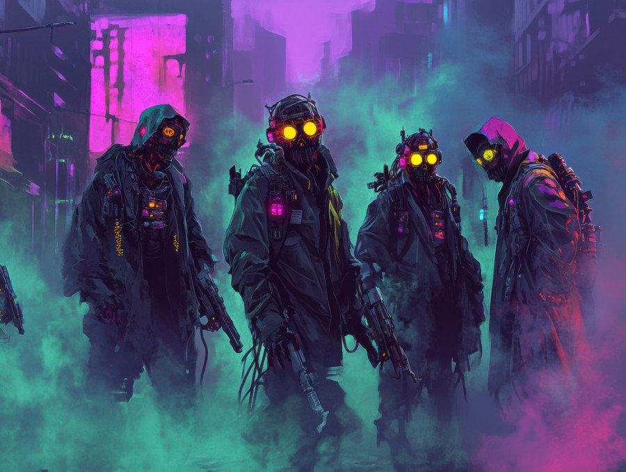 Masked undead revelers dance in a neon lit masquerade, their eerie laughter echoing through the night, a haunting display of life after death in a necropunk society