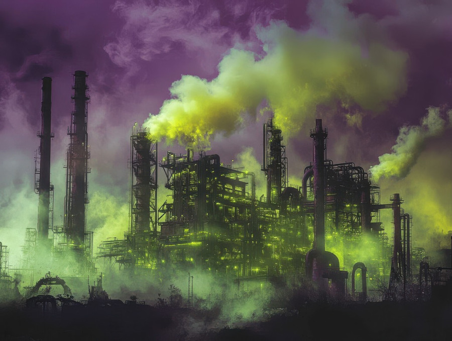 Smoke spewing factories churn with necrotic energy, powering a decayed industrial landscape, a bleak vision of endless production in a necropunk dystopia