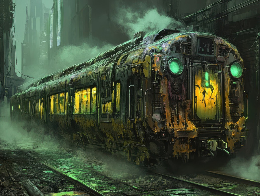 A rusted train travels through the night, its ghostly passengers staring into the void, a haunting journey through a forgotten necropunk wasteland
