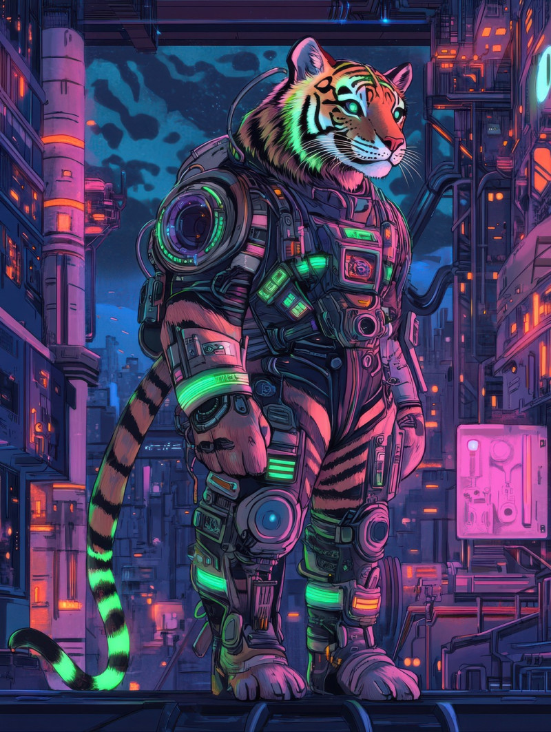 Cybernetic tiger with glowing neon stripes stands in a high tech world, futuristic biomechanical design blends with atompunk aesthetics, atompunk, atompunk clothes, atompunk poster