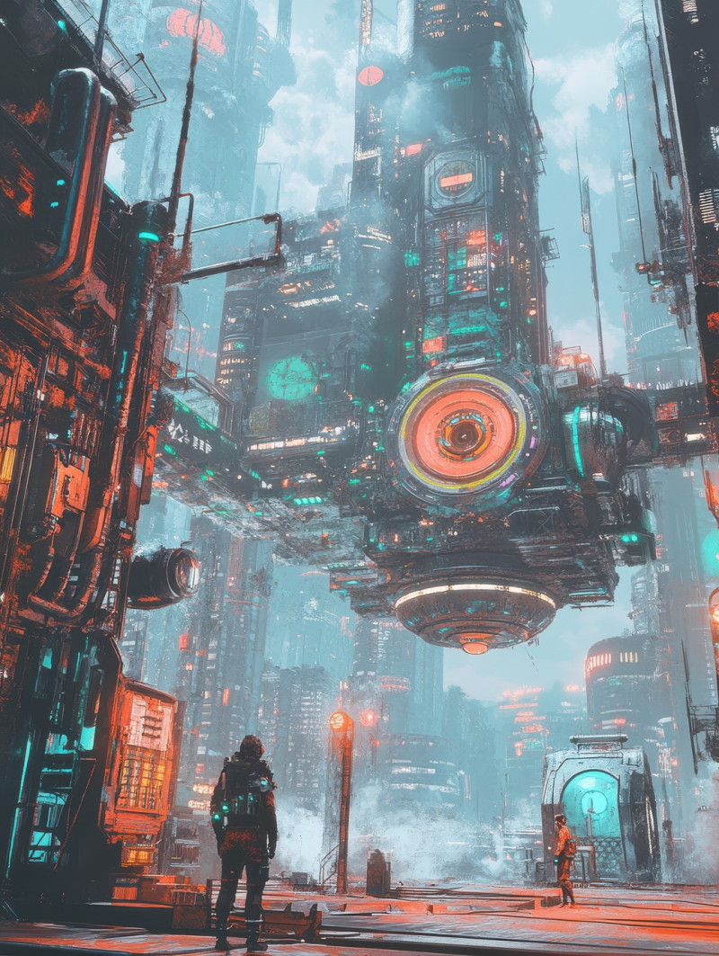 Retro futuristic floating city with glowing towers and flying cars, neon lights illuminate the sky in an atompunk inspired world, atompunk, atompunk clothes, atompunk poster