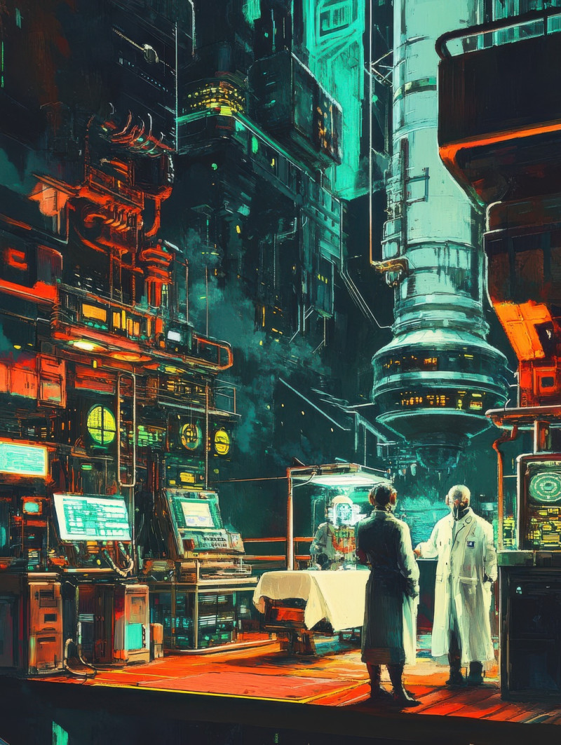 Neon lit cybernetic surgery lab filled with robotic arms and glowing monitors, doctors perform futuristic procedures in atompunk style, atompunk, atompunk clothes, atompunk poster