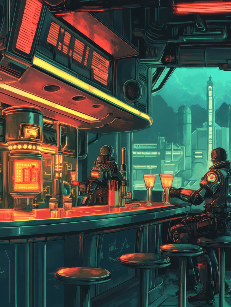 Jet age diner with glowing drinks and chrome furniture, neon lights reflect a retro futuristic setting with atompunk vibes, atompunk, atompunk clothes, atompunk poster