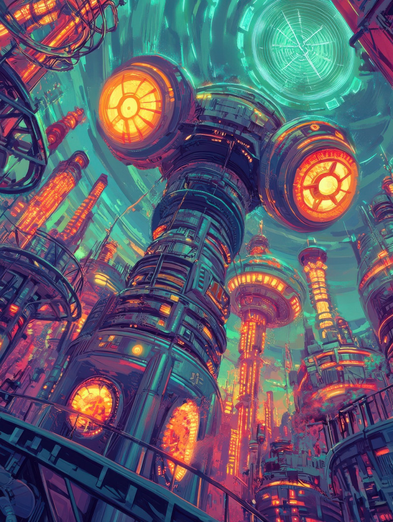 Atomic carnival with floating rides and neon attractions, hovering bumper cars and glowing roller coasters define this atompunk fairground, atompunk, atompunk clothes, atompunk poster