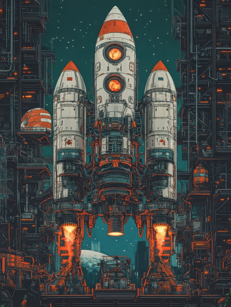 Giant robotic arms assemble rockets in a high tech factory, sparks fly as futuristic machinery builds space vessels in an atompunk setting, atompunk, atompunk clothes, atompunk poster