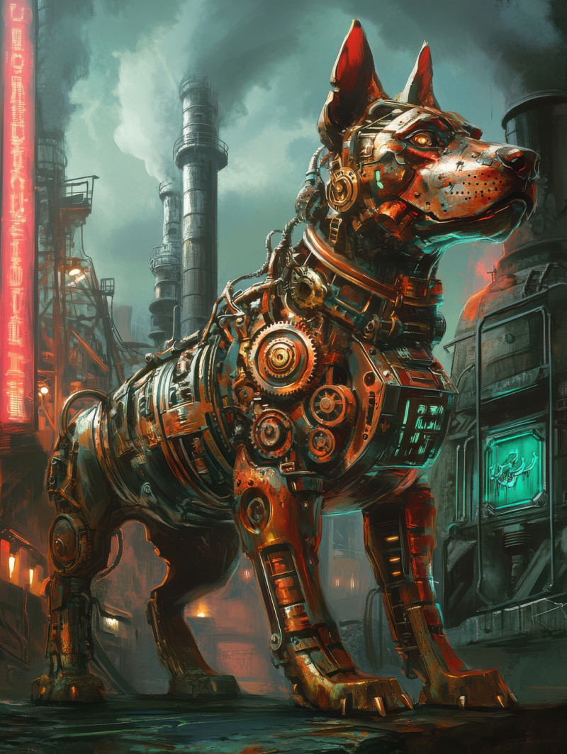 A cybernetic hound with brass plating stands alert, its mechanical limbs gleaming under dim lights, a dieselpunk creation blending metal and power, dieselpunk, dieselpunk etsy, fantasy dieselpunk