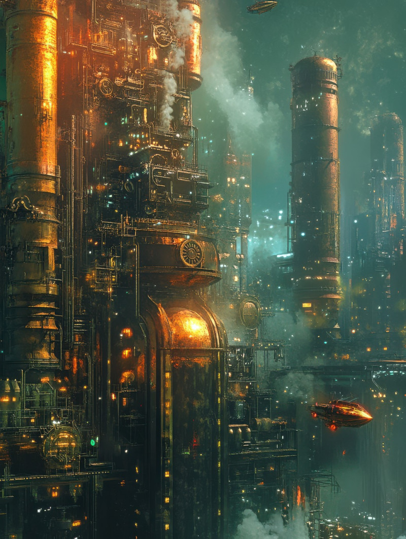 A towering art deco factory with intricate steelwork looms under smoky skies, its massive chimneys releasing steam, dieselpunk, dieselpunk etsy, fantasy dieselpunk