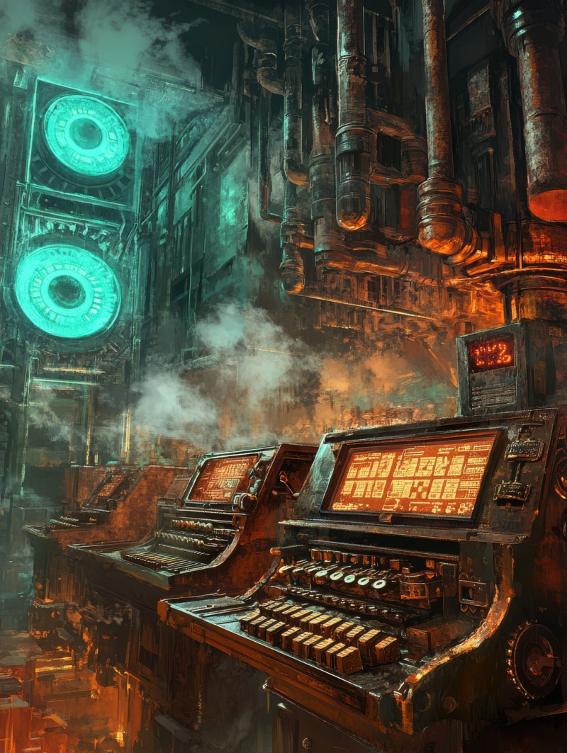 A smoky office with brass cash registers, flickering lamps casting shadows over aged documents and vintage machinery, dieselpunk, dieselpunk etsy, fantasy dieselpunk
