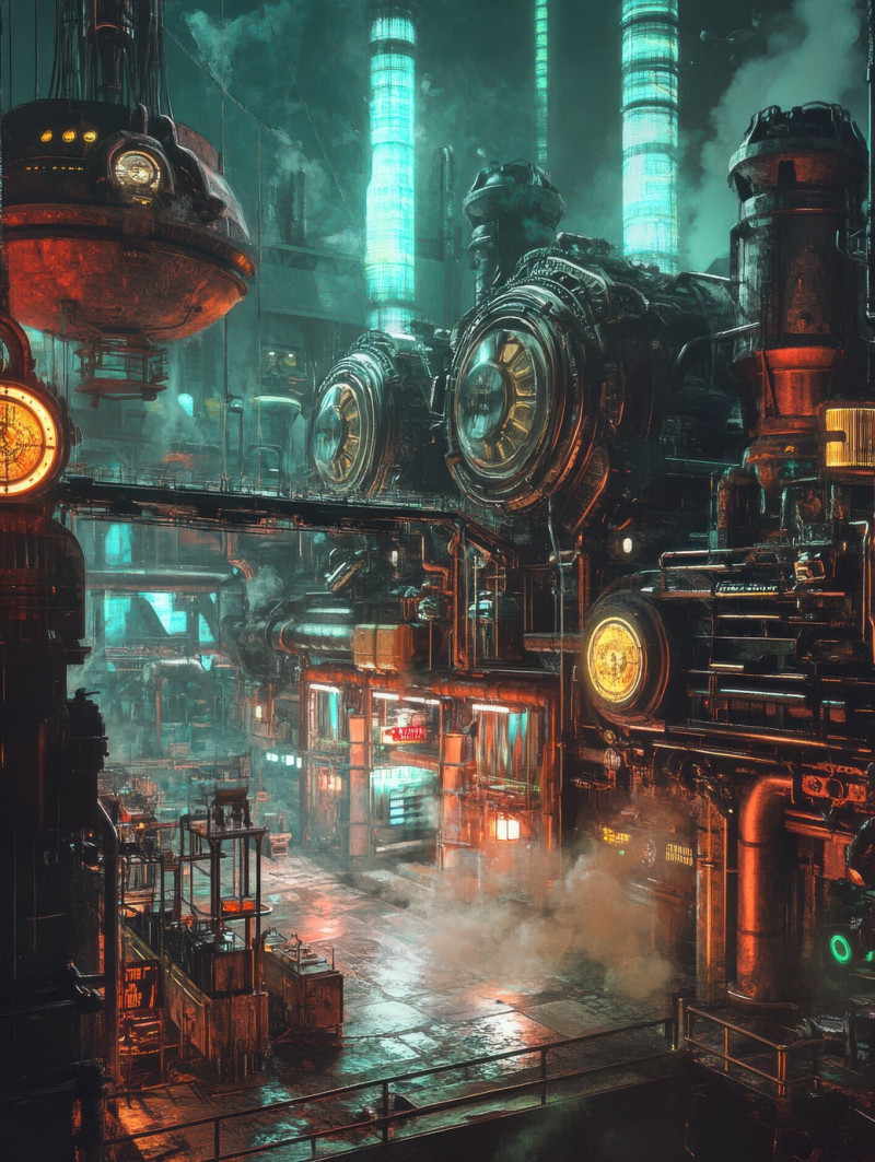 A grimy clinic filled with steam-powered prosthetics, mechanical limbs stacked on worn tables, tools scattered around, dieselpunk, dieselpunk etsy, fantasy dieselpunk