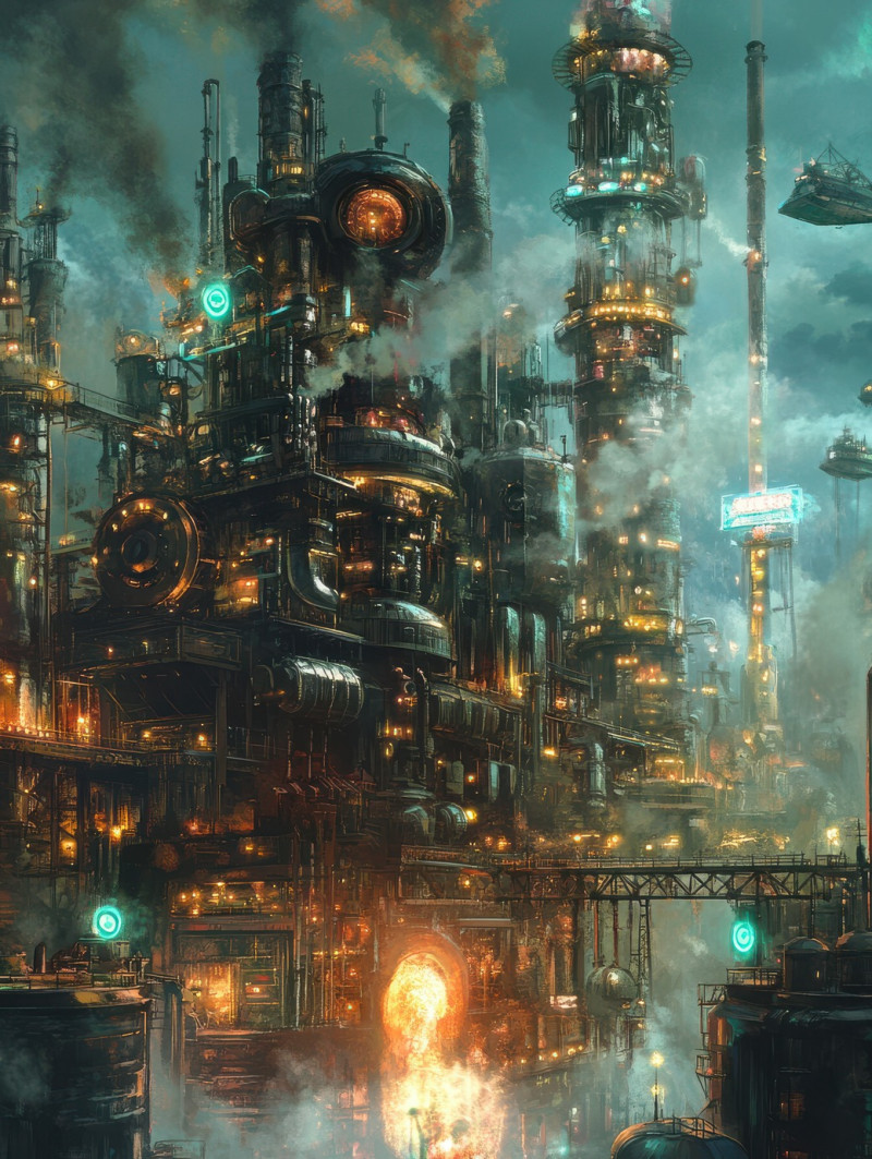 A massive steel foundry with roaring furnaces, molten metal flowing as workers in soot-covered gear forge powerful machines, dieselpunk, dieselpunk etsy, fantasy dieselpunk