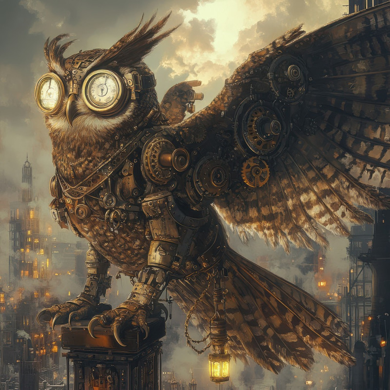 A steam powered owl with intricate metal wings soars through the air, its brass gears and clockwork eyes gleaming, steampunk, steampunk clothing, steam punk outfits