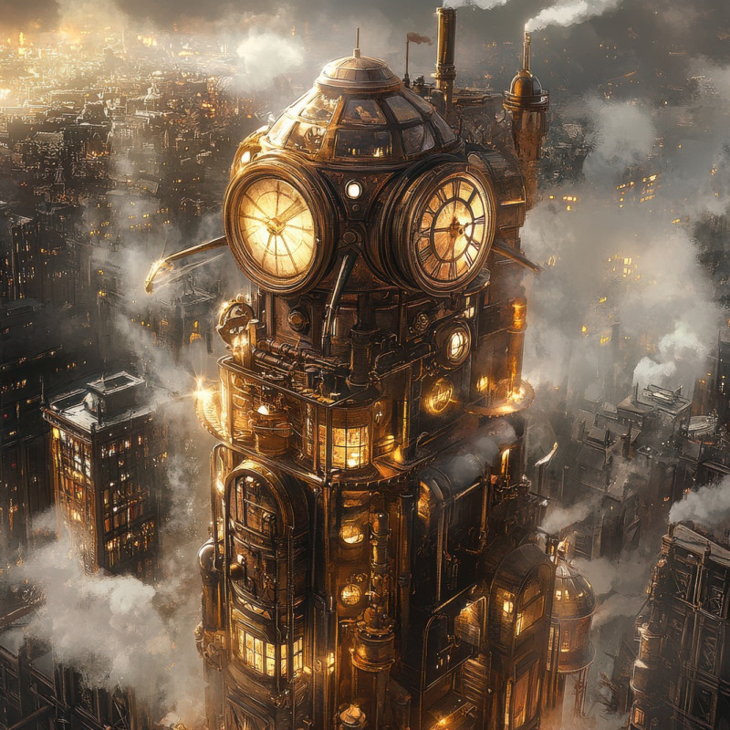 A towering brass and glass city filled with clockwork machines, steam pipes, and glowing gas lamps, a futuristic victorian metropolis, steampunk, steampunk clothing, steam punk outfits