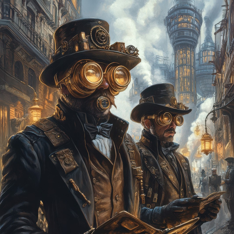 Bankers in victorian attire use pneumatic tubes to send transactions, their brass terminals hissing with pressure, steampunk, steampunk clothing, steam punk outfits