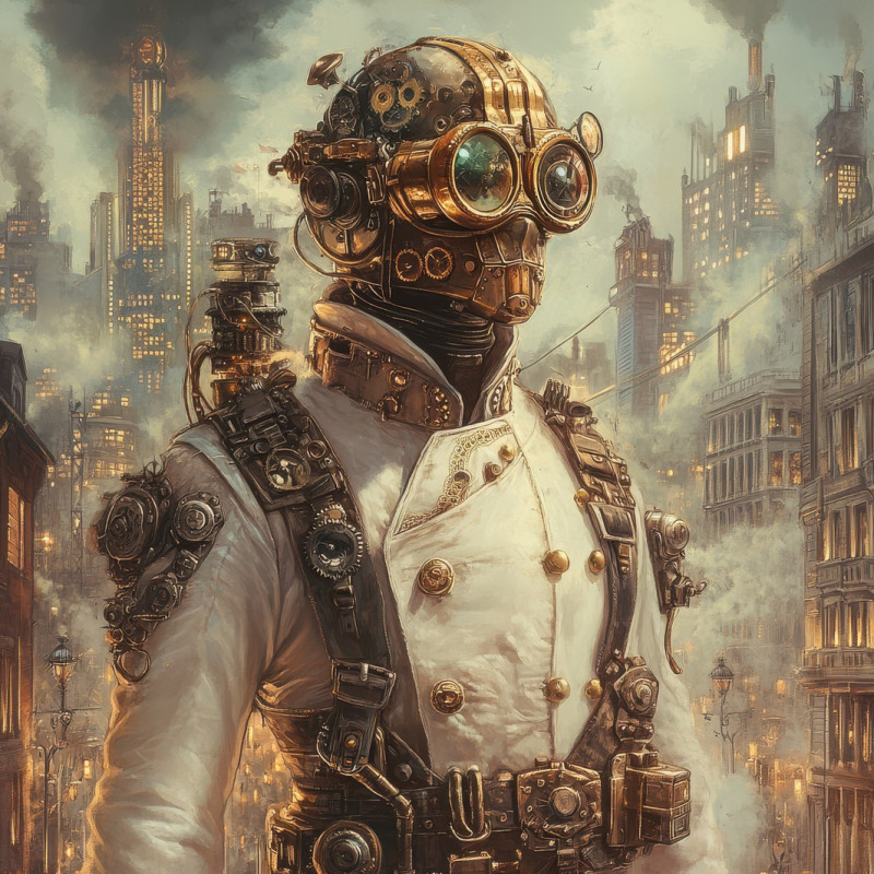 A doctor with brass prosthetic limbs and gear driven tools tends to a patient, blending science and mechanics, steampunk, steampunk clothing, steam punk outfits