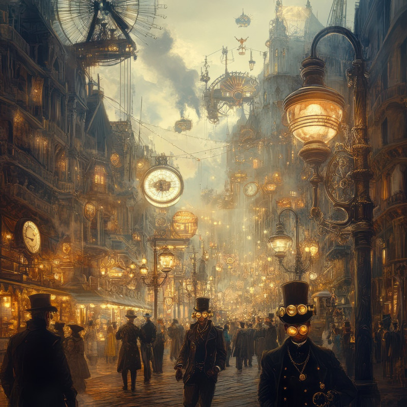 A carnival filled with clockwork acrobats spinning on mechanical arms under glowing gas lamps, a world of wonder, steampunk, steampunk clothing, steam punk outfits