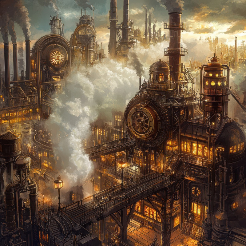 A vast factory with towering smokestacks and cog driven machines churns with steam and industry, victorian technology at work, steampunk, steampunk clothing, steam punk outfits