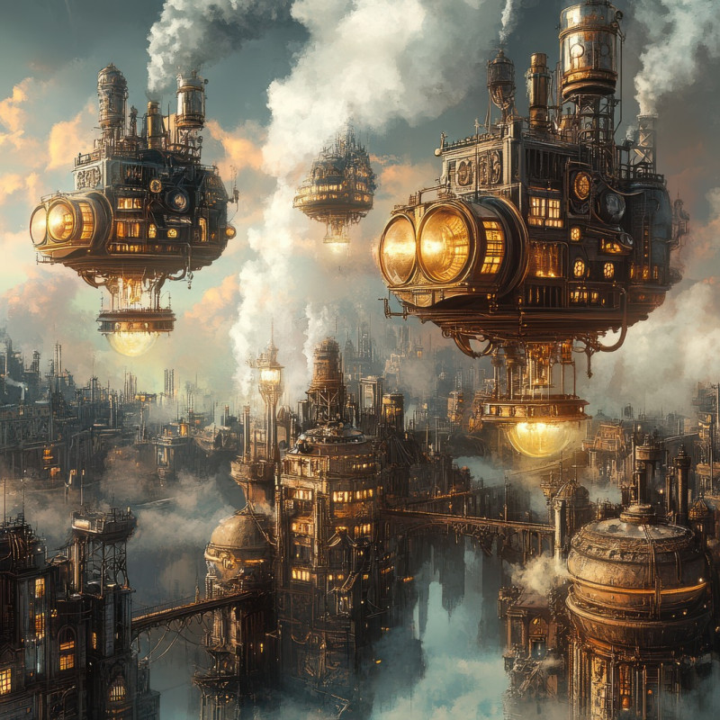 Floating islands powered by steam engines drift in the sky, with brass gears turning beneath floating airships, steampunk, steampunk clothing, steam punk outfits