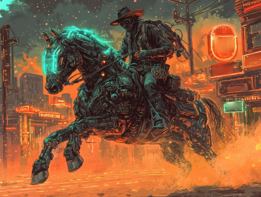 Mechanical steed gallops through dusty town streets, gears whirring, steam hissing, a fusion of machine and beast in a thrilling westernpunk world