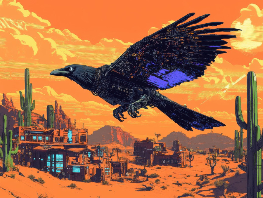 Clockwork raven soars over a sun scorched desert, metal wings glinting under the blazing sky, a perfect symbol of westernpunk technology in the wild