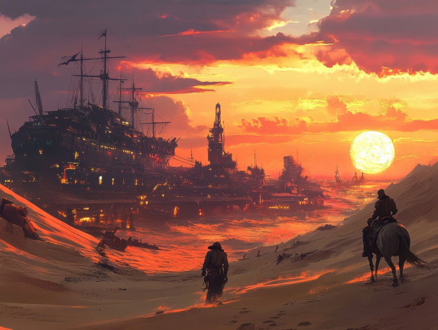 Sandy dunes lined with rusted shipwrecks, sun setting behind corroded metal hulls, blending decay and adventure in a stunning westernpunk landscape