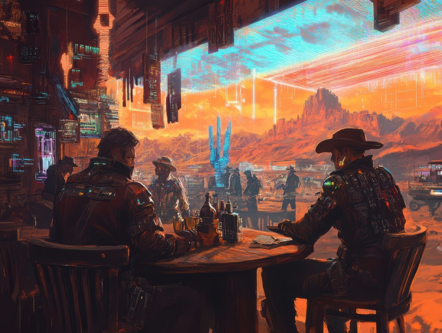 Cybernetic traders barter in a dim lit saloon, gears clicking, neon flickering, exchanging futuristic goods in a rugged westernpunk marketplace