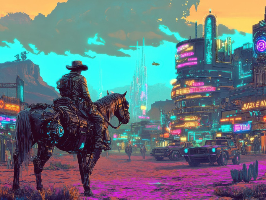 Gritty doctors use gears to heal in neon lit clinics, metallic tools whirring, blending old frontier medicine with westernpunk innovation