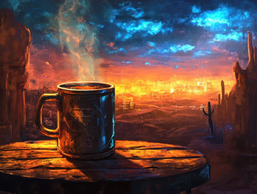 A steaming mug of oil brewed coffee sits on a steel table, thick black liquid swirling, fueling a long night in the heart of a westernpunk world