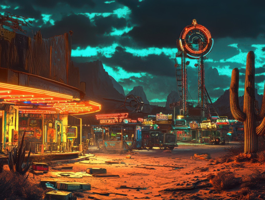 Neon lit carnival with rusted rides spinning in the dusk, glowing signs flickering, a mix of eerie nostalgia and westernpunk wonder