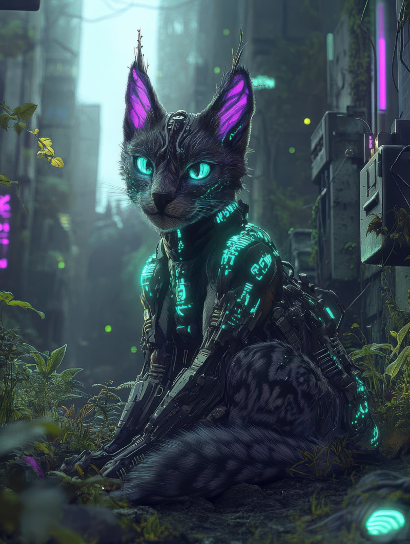 Augmented feline with neon bioluminescent fur prowling in a futuristic city, glowing with biotech energy, biopunk, best biopunk books, biopunk clothing