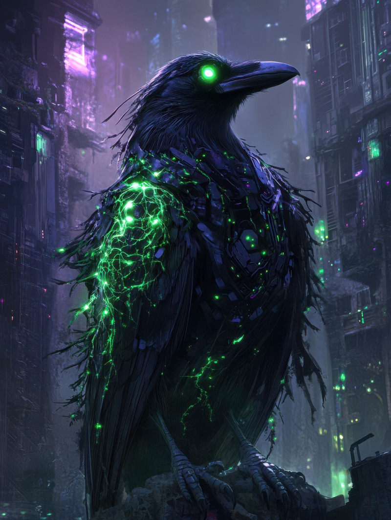 Cybernetic crow with glowing optic implants perched on a neon lit rooftop, scanning the city with enhanced vision, biopunk, best biopunk books, biopunk clothing
