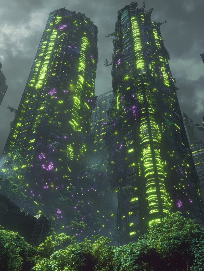 Towering organic skyscraper with pulsing biotech veins, alive with bioengineered systems shaping the skyline, biopunk, best biopunk books, biopunk clothing