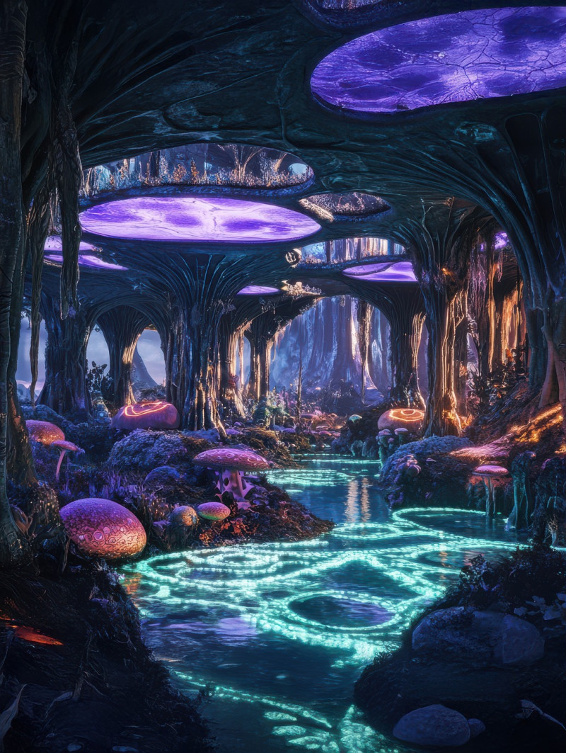 Tide pools glowing with bioengineered luminescent algae, casting an eerie neon light in a futuristic coastline, biopunk, best biopunk books, biopunk clothing