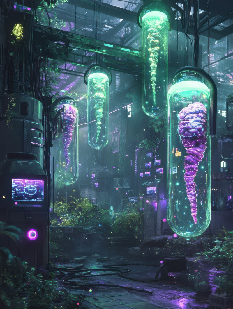 High tech lab filled with floating gene spliced organs in bio fluid tubes, experimenting with future biotechnology, biopunk, best biopunk books, biopunk clothing