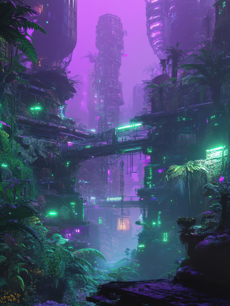 Dense jungle of synthetic plants absorbing neon mist, glowing with engineered bioluminescence, biopunk, best biopunk books, biopunk clothing