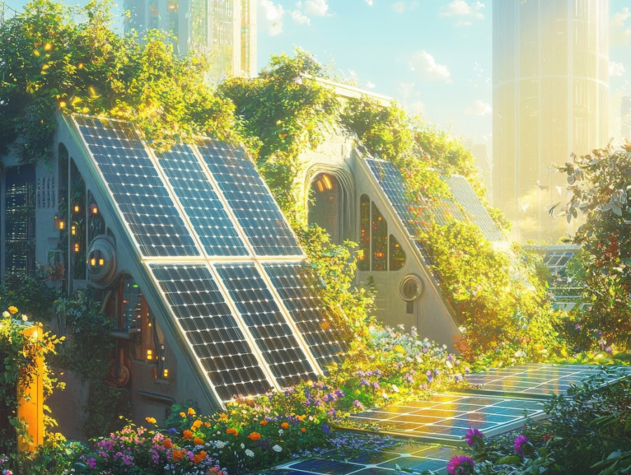 Solar panel rooftop gardens with lush greenery harness renewable energy for urban farming, a perfect blend of solarpunk, solar punk aesthetic, and the solar punk movement