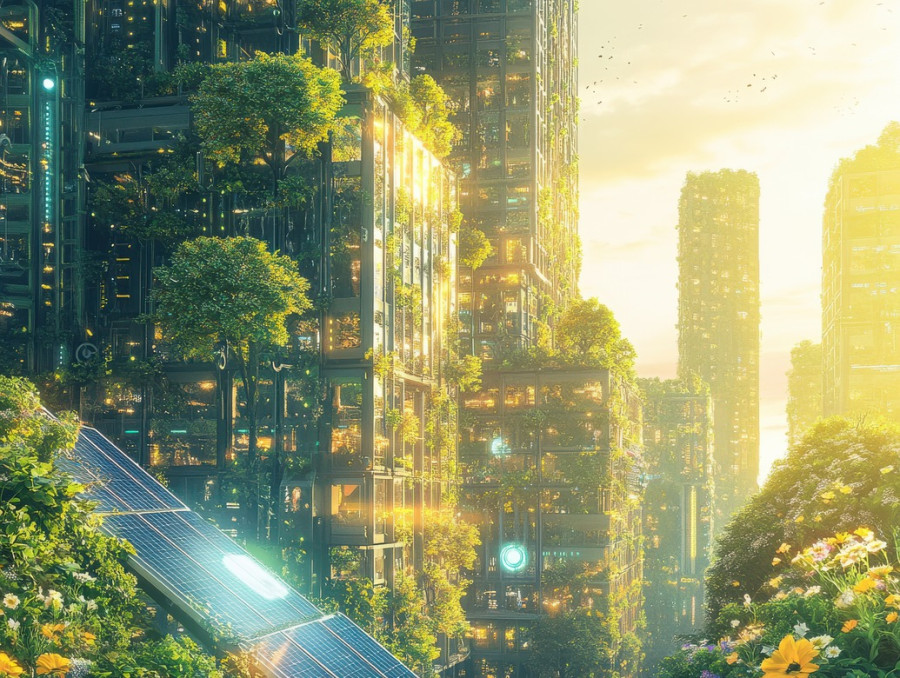 Tree integrated skyscrapers with green canopies and solar panels merge nature with urban architecture, embodying solarpunk, solar punk aesthetic, and the solar punk movement