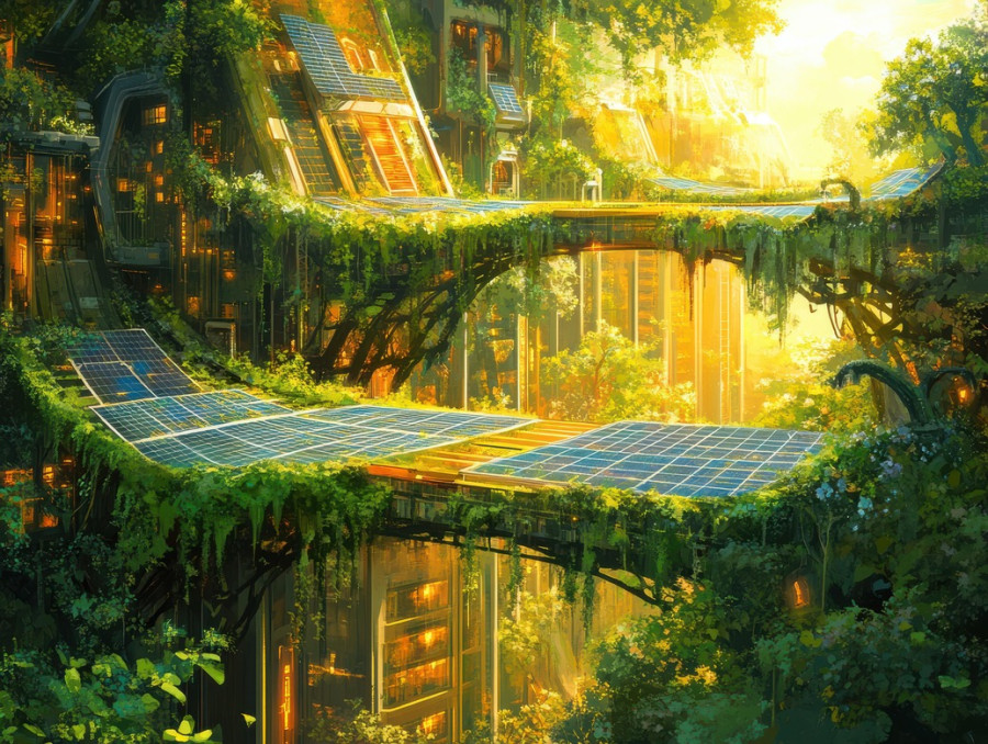 Hanging moss covered bridges connect eco friendly buildings, integrating nature into futuristic cities with solarpunk, solar punk aesthetic, and the solar punk movement