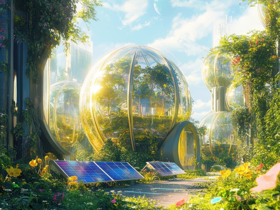 Glass bio domes with climbing vines create self sustaining green spaces, blending nature and technology in solarpunk, solar punk aesthetic, and the solar punk movement
