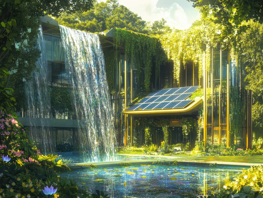 Waterfall powered eco buildings generate renewable energy while blending into nature, symbolizing solarpunk, solar punk aesthetic, and the solar punk movement