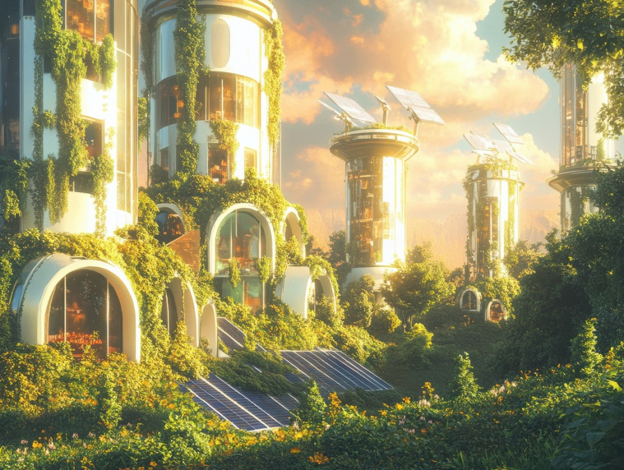Wind turbine tower homes generate clean energy while supporting vertical gardens, a futuristic vision of solarpunk, solar punk aesthetic, and the solar punk movement