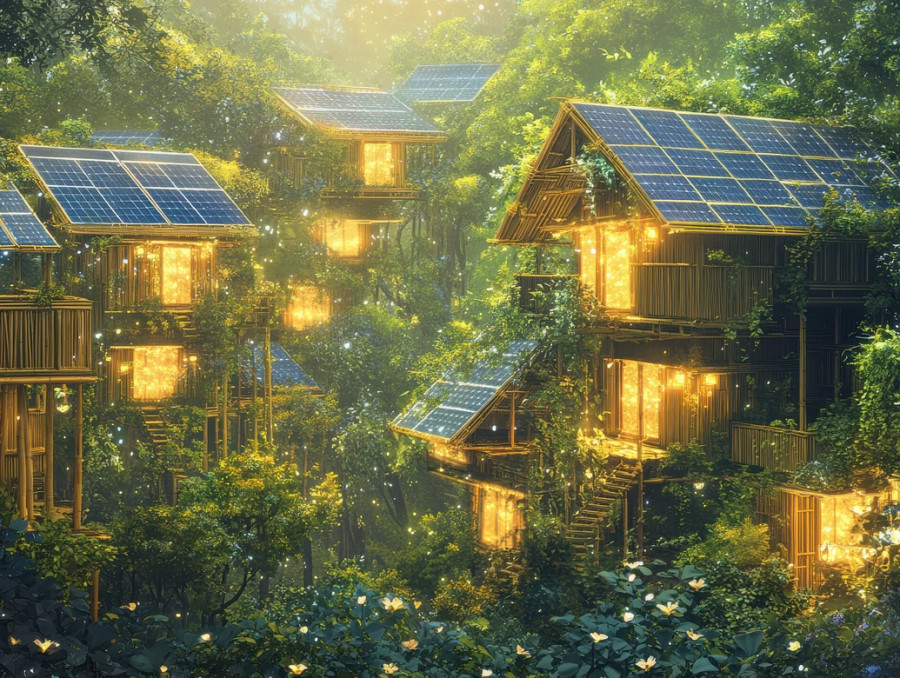 Solar lit bamboo houses with natural ventilation and lush gardens embody sustainable living, representing solarpunk, solar punk aesthetic, and the solar punk movement