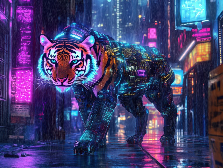 Neon lit cybernetic tiger prowls through a rainy alley, glowing circuits pulse under wet fur, blending nature and machine in a futuristic world, cyberpunk, cyberpunk red, cyberpunk pc