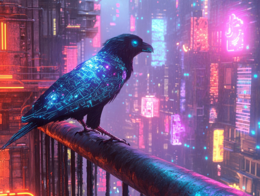 Holographic raven perches on a metal railing, shimmering with blue light against the dark cityscape, an artificial symbol of mystery, cyberpunk, cyberpunk red, cyberpunk pc