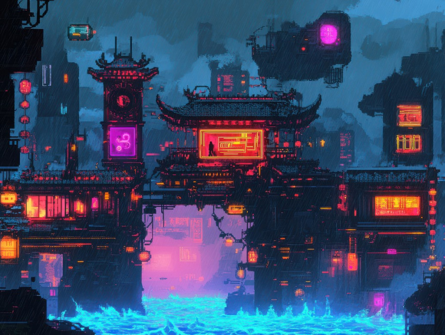 Dark ocean waves glow with bioluminescent light, reflecting a neon skyline as futuristic ships glide across the surface, cyberpunk, cyberpunk red, cyberpunk pc