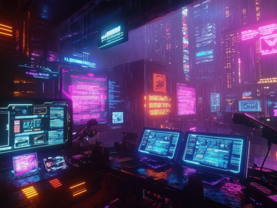 Ai trader watches flickering stock screens in a smoky office, digital numbers flashing as automated deals are made in real time, cyberpunk, cyberpunk red, cyberpunk pc