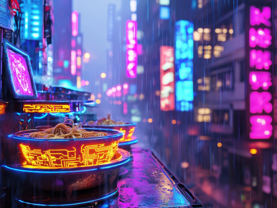 Street vendor serves steaming glowing ramen bowls, neon lights reflecting on wet pavement as hungry customers gather, cyberpunk, cyberpunk red, cyberpunk pc