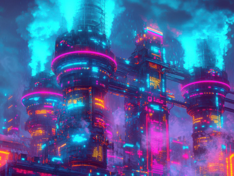 Massive smoke stacks release blue luminescent steam into the night sky, creating an eerie glow over the industrial city, cyberpunk, cyberpunk red, cyberpunk pc