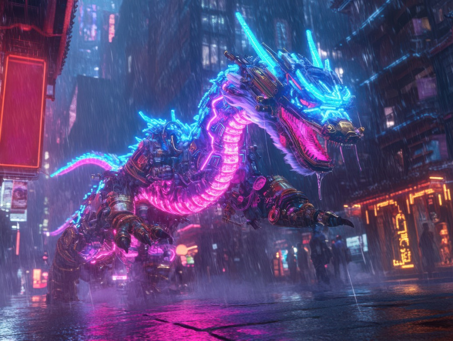 Neon dragon dance swirls through a rain soaked street, vibrant lights reflecting off puddles as performers move in sync, cyberpunk, cyberpunk red, cyberpunk pc