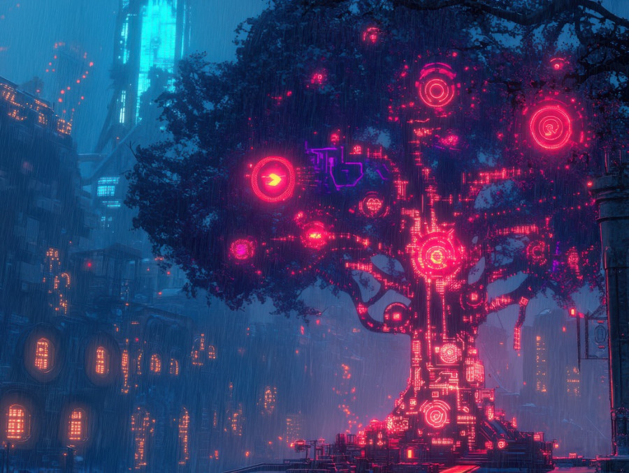 Hacked trees stand tall with digital veins glowing red, artificial circuits pulsing as nature merges with technology, cyberpunk, cyberpunk red, cyberpunk pc
